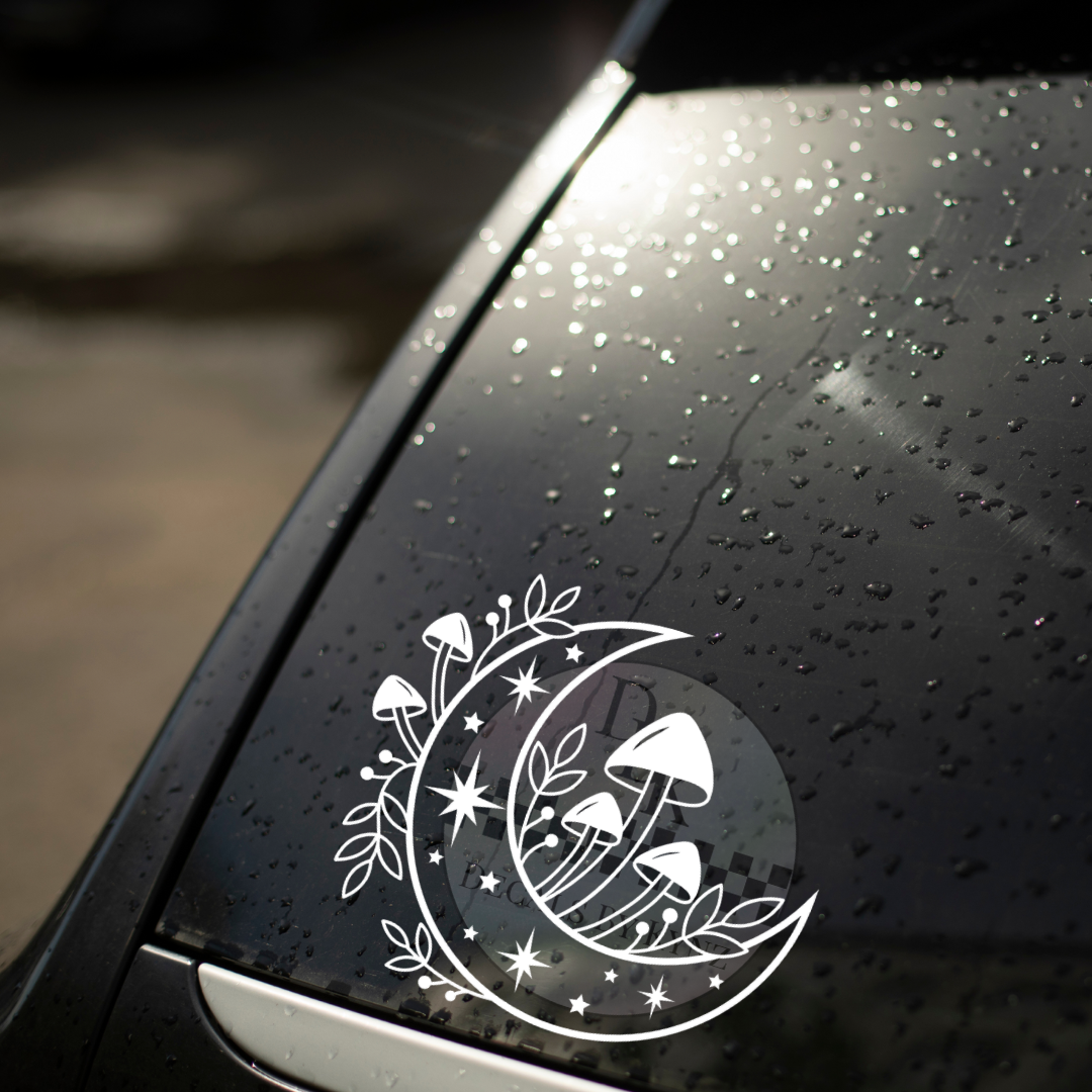Crescent Moon with Mushrooms Permanent Decal Sticker