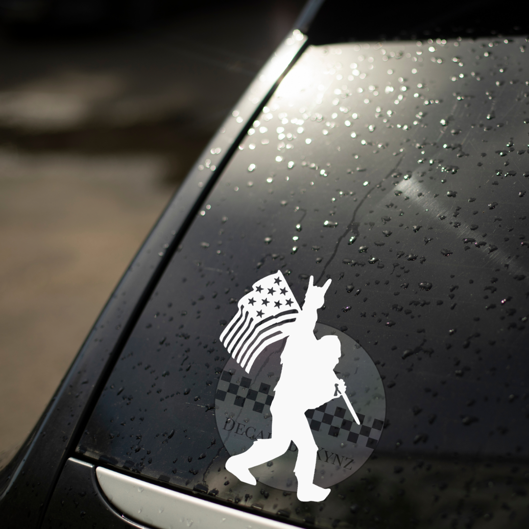 Sasquatch with Flag Permanent Decal Sticker