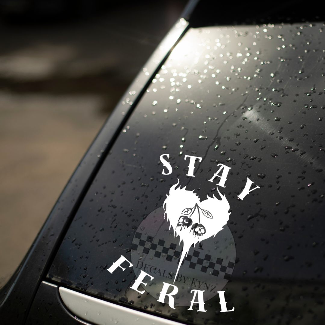 "Stay Feral" Fire Heart Cherry Skulls Permanent Decal Sticker
